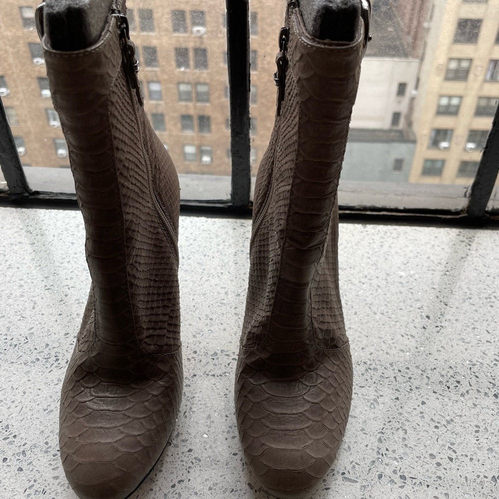 Via Spiga taupe faux python booties with side buckle